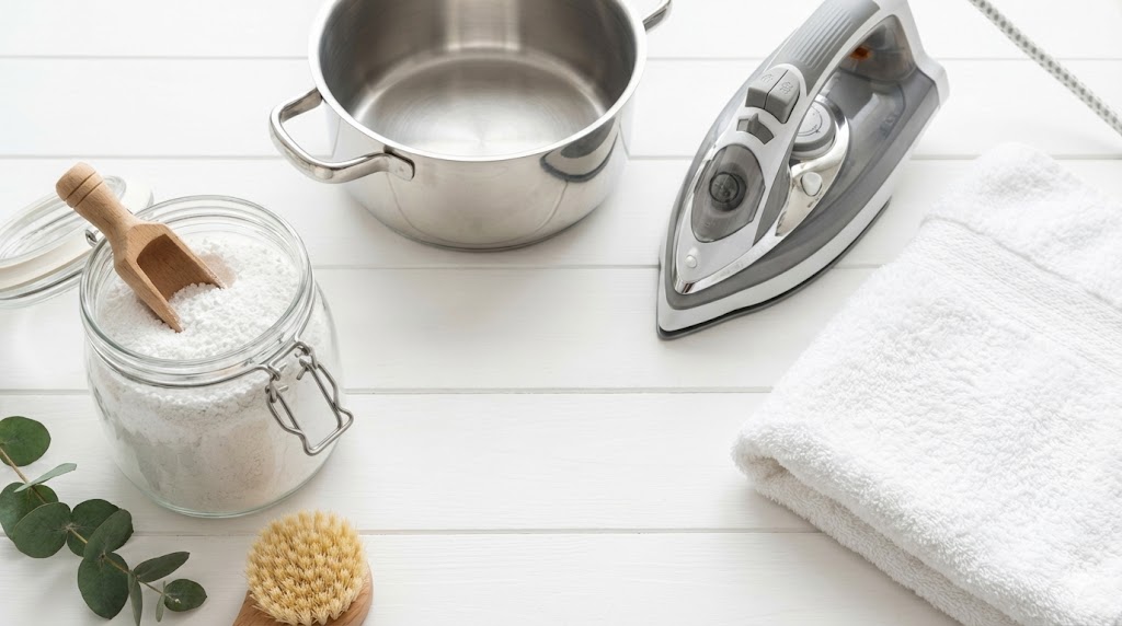 生乾き臭対策に使用する酸素系漂白剤、鍋、アイロンなどの洗濯道具一式