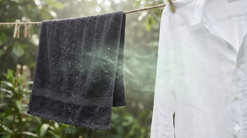 洗濯物同士が接触して生乾き臭の原因菌が移動しているイメージ図