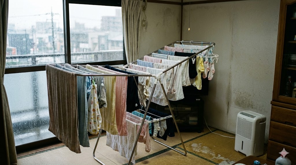 雨の日の室内で洗濯物が隙間なく密集して干されている様子
