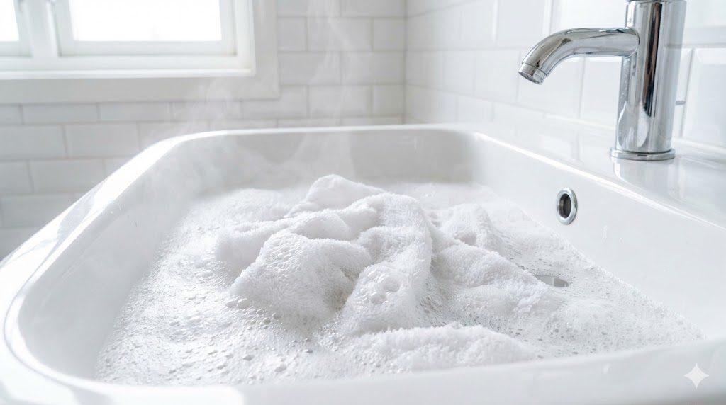 洗面器に入れたお湯と酸素系漂白剤でタオルをつけ置き洗いしている様子