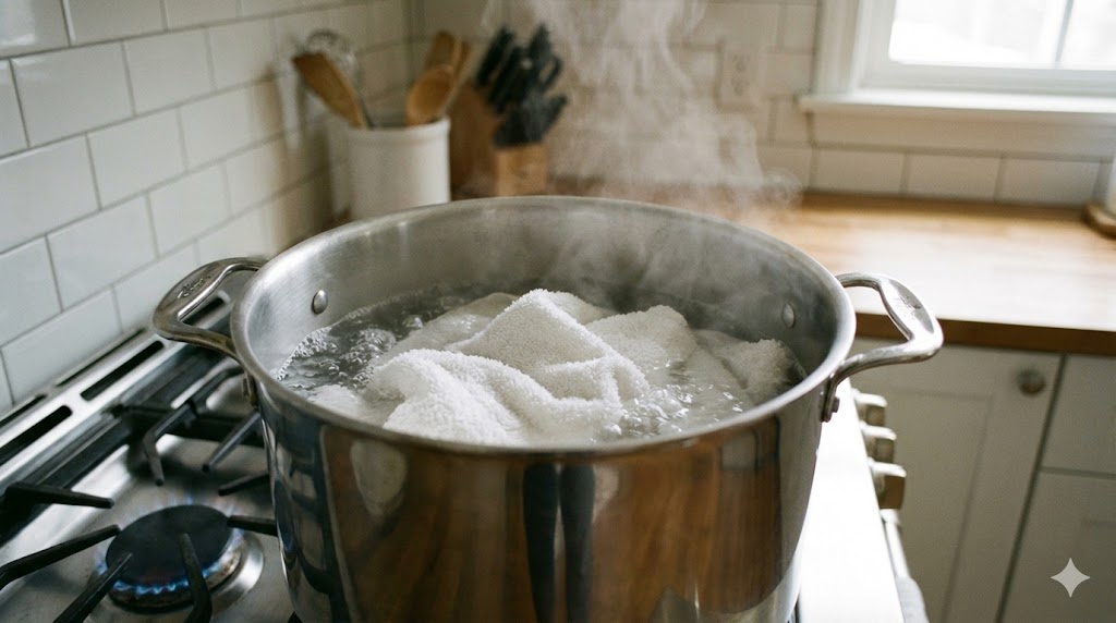 ステンレスの鍋でタオルを煮沸消毒（煮洗い）している様子