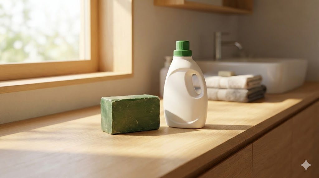 洗面所に置かれたウタマロ石けんとリキッド洗剤