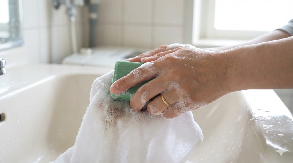 タオルにウタマロ石けんを塗り込んで揉み洗いをする手元