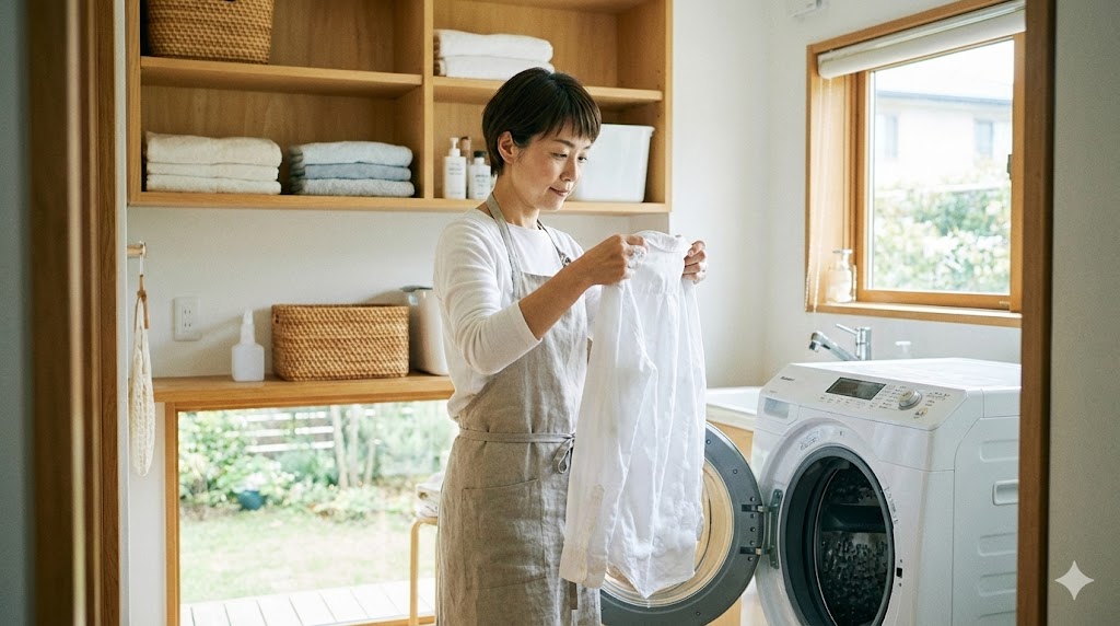 予洗いして泡がついたままの衣類を洗濯機に入れる様子