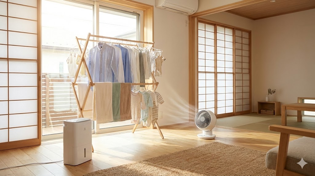 部屋干しの洗濯物にサーキュレーターと除湿機を使って乾燥対策をしている様子