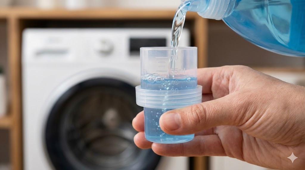 洗濯洗剤をキャップで正確に計量している様子