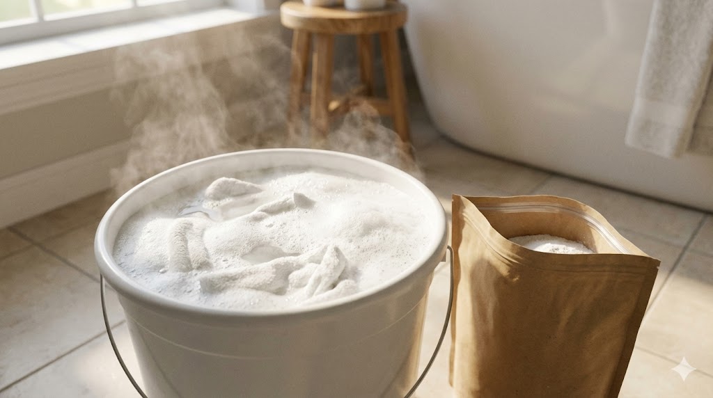 酸素系漂白剤とお湯を使ってタオルをつけ置き洗いしている様子