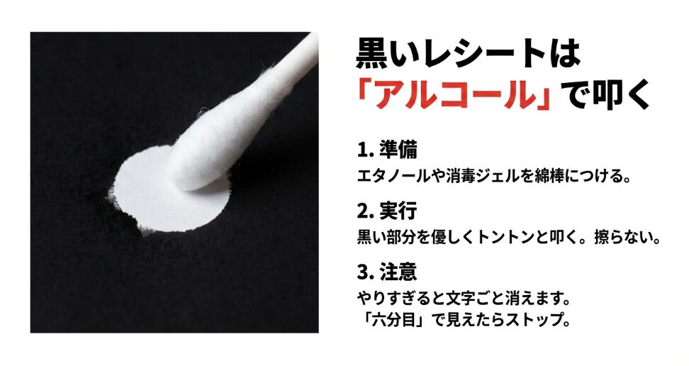 黒くなったレシートをアルコールと綿棒で叩いて復元する方法の解説図