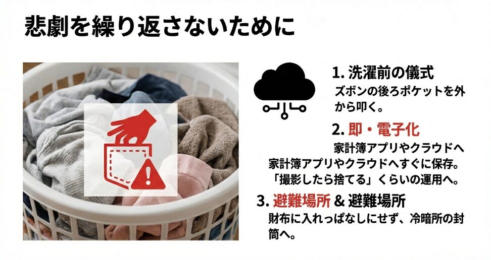 洗濯前にポケットを確認する習慣や、家計簿アプリでの即時電子保存を推奨する予防策の図
