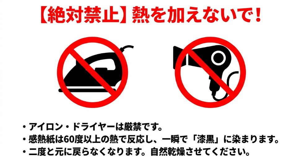 洗濯したレシートへのアイロンやドライヤーの使用が絶対禁止であることを示すアイコン