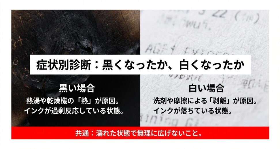 洗濯したレシートの症状別診断。黒い場合は熱、白い場合は剥離が原因であることを説明するスライド