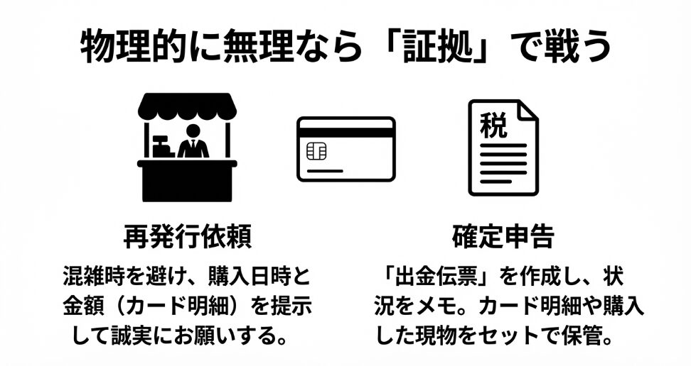 レシートが復元できない場合に再発行依頼や出金伝票作成で対応する方法の解説図