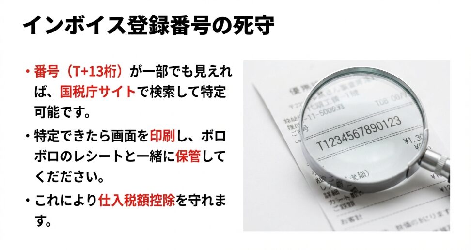 虫眼鏡でレシートのインボイス登録番号を確認し、国税庁サイトで特定する方法の説明