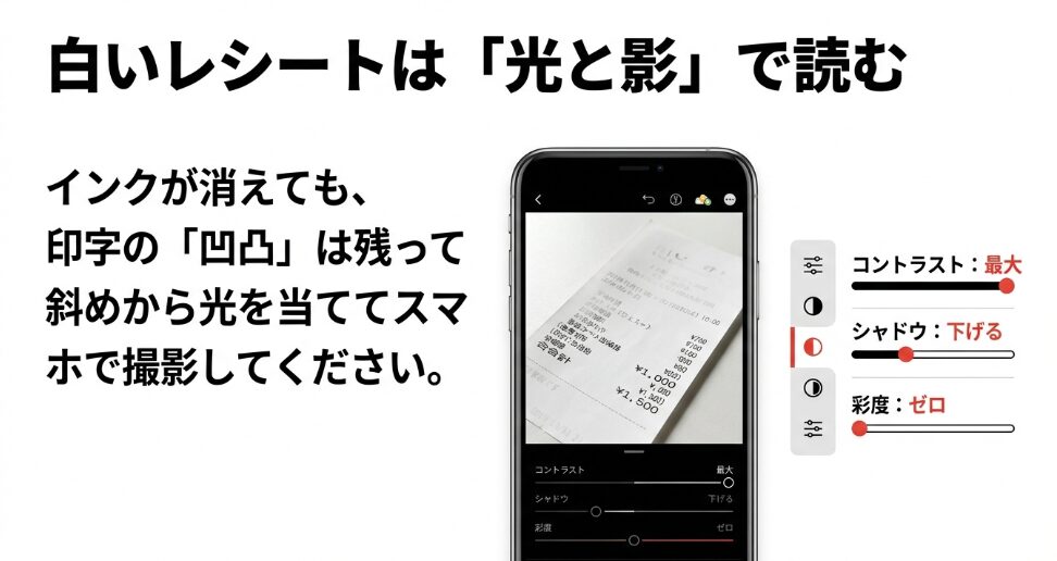 スマートフォンの画像編集機能でレシートの文字を浮かび上がらせる設定。コントラスト最大、シャドウを下げる、彩度ゼロの操作画面