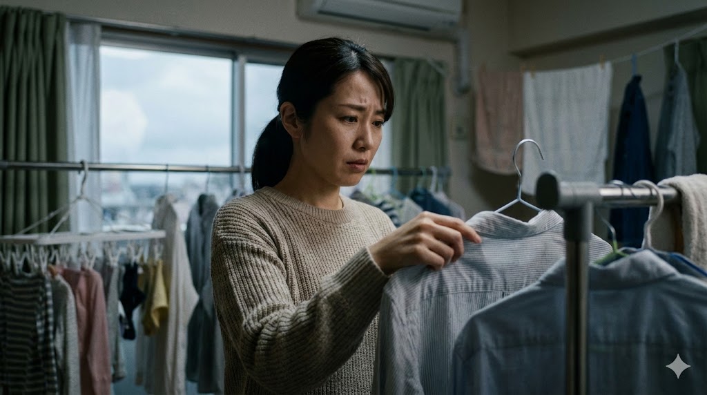 部屋干しの洗濯物が乾いているか手で触って確認する困り顔の日本人女性