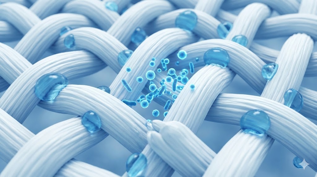 湿った衣類の繊維の奥で繁殖する雑菌のイメージ図