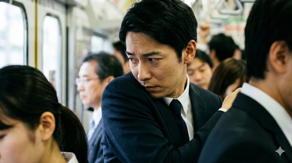 電車内やオフィスで服の生乾き臭を気にして不安そうな表情の日本人男性