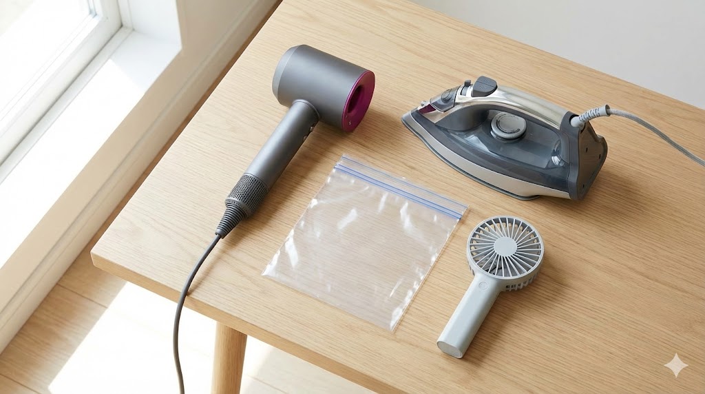 生乾き対策に使用するドライヤー、アイロン、扇風機などの道具一式