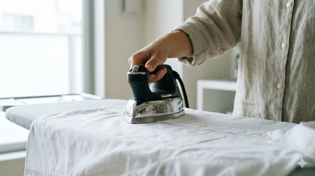 生乾きのシャツにアイロンをかけて熱殺菌と乾燥を行っている様子