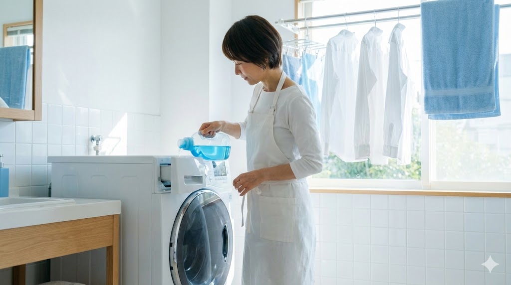 洗濯機に洗剤を入れる様子と、日当たりの良い窓辺に干された清潔な洗濯物