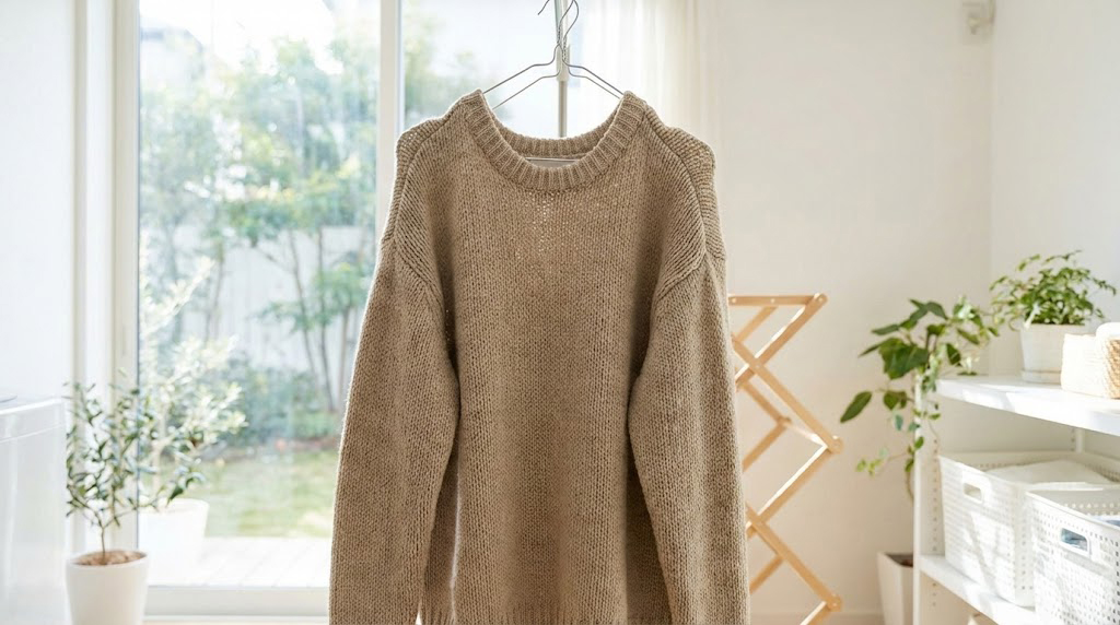 細いワイヤーハンガーにかけて自重で伸びてしまったベージュのニットセーター