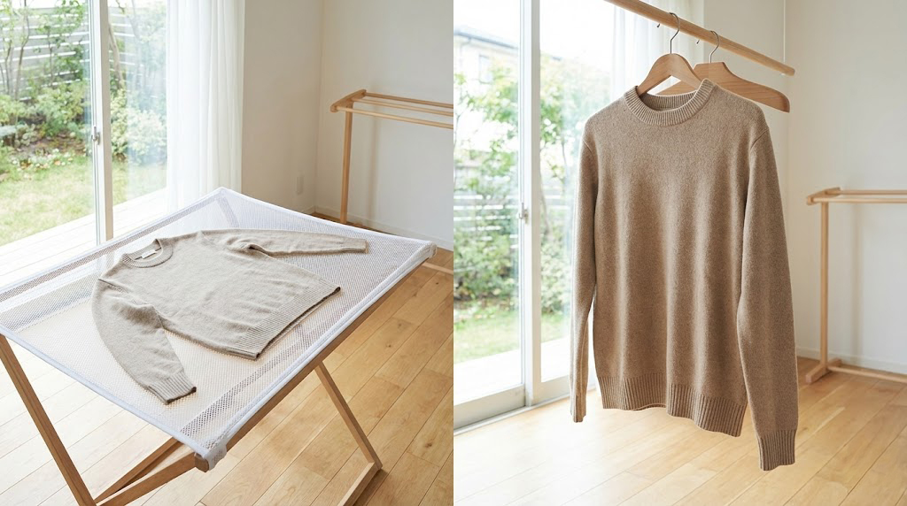 平干しネットに乗せたニットと厚みのあるハンガーにかけたニットの比較画像