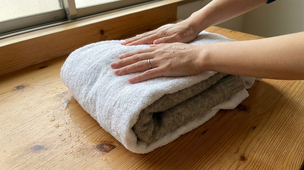 洗濯後の厚手ニットをバスタオルに挟んで優しく水分を取る様子