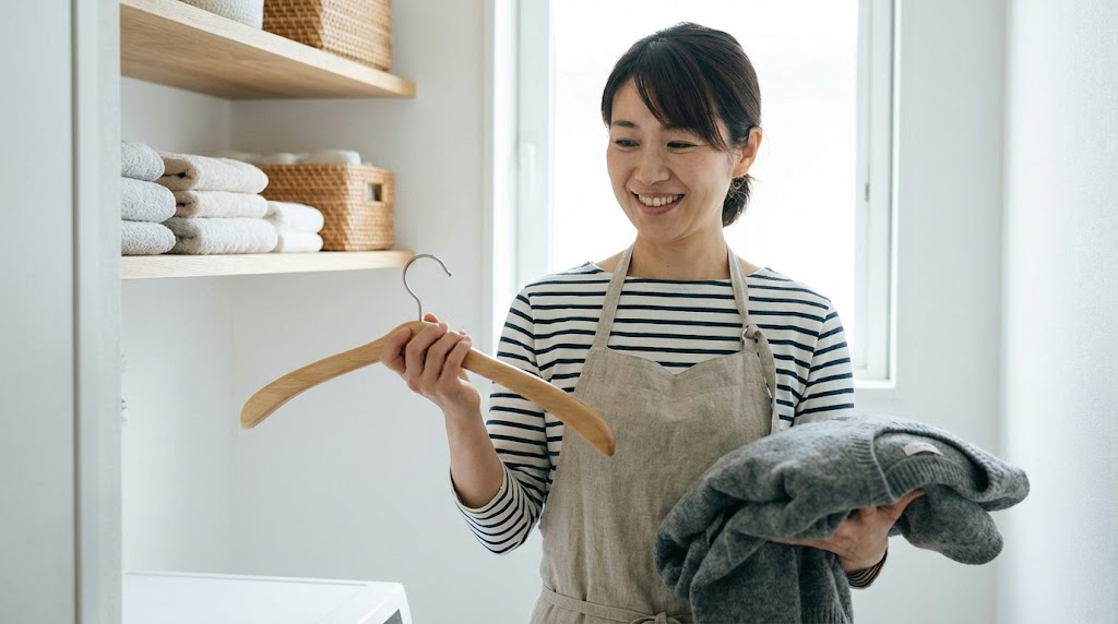 型崩れ防止ハンガーを手に取りニットを干す準備をする日本人の女性