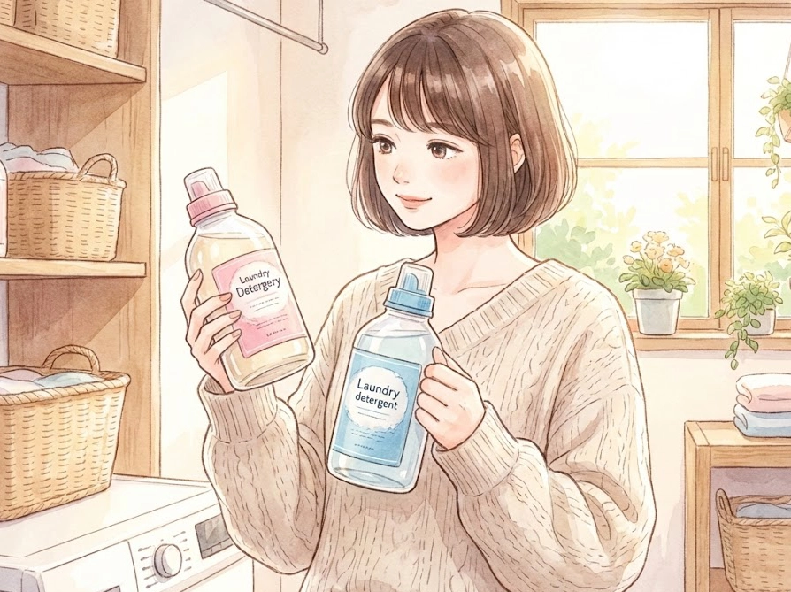 普通の洗剤と部屋干し用洗剤の違いについて考えている女性のイラスト