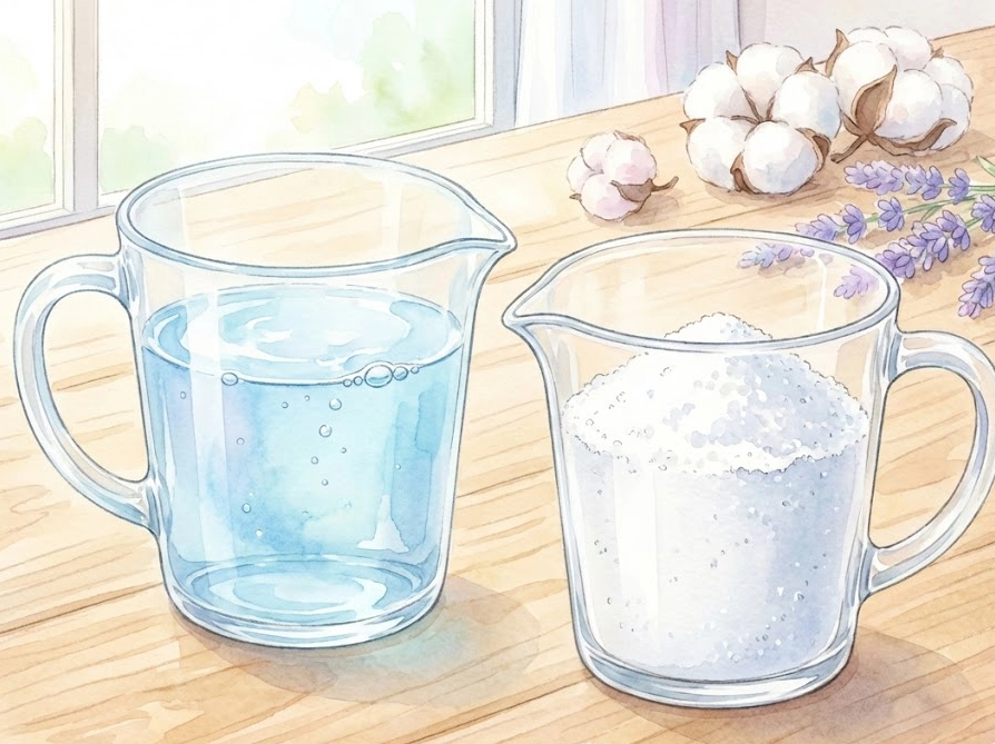 計量カップに入った液体洗剤と粉末洗剤の比較イラスト