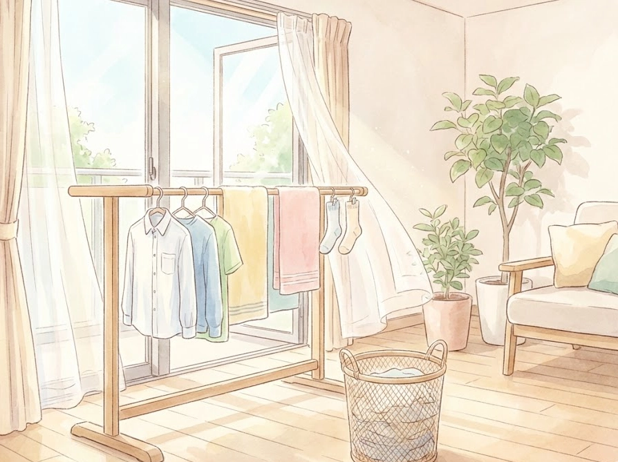 風通しの良いリビングルームで間隔を空けて干された部屋干しの衣類