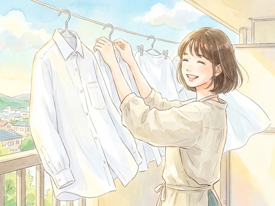 晴れた日にベランダで気持ちよさそうに洗濯物を干す女性のイラスト