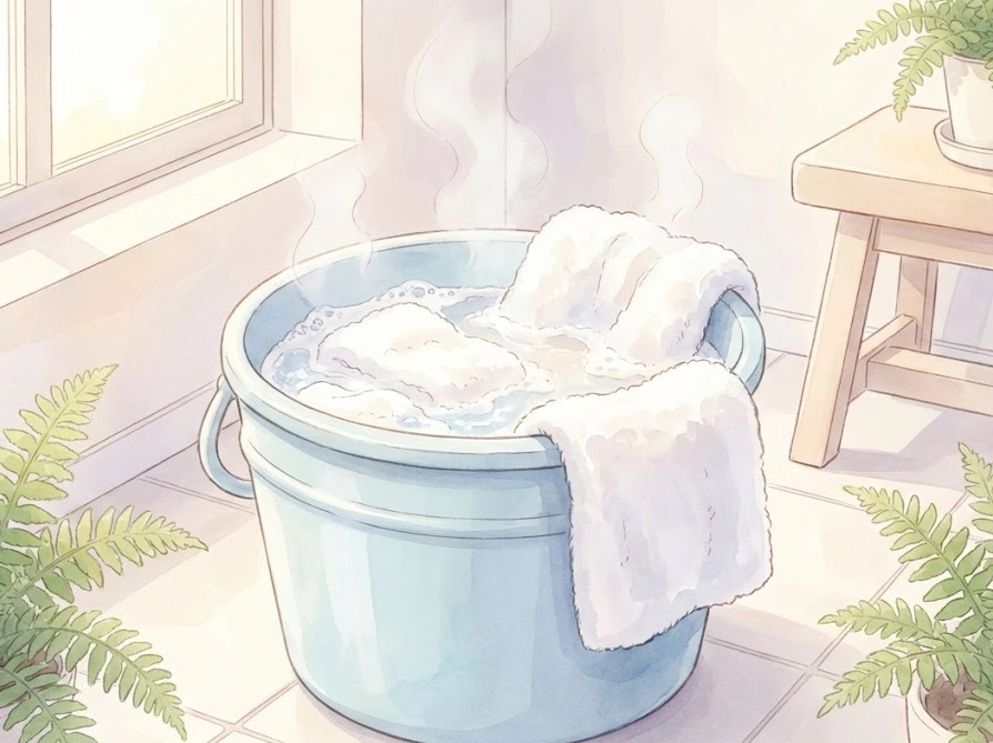 お湯を張ったバケツでタオルをつけ置き洗いしているイラスト