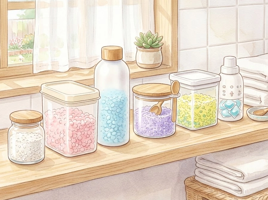 100均のボトルでおしゃれに整理された洗濯ビーズの収納棚のイラスト