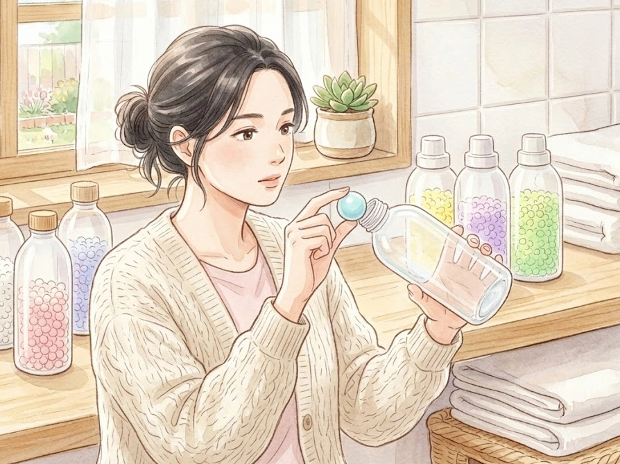 洗濯ビーズの粒の大きさと容器の口の広さを確認する日本人女性のイラスト