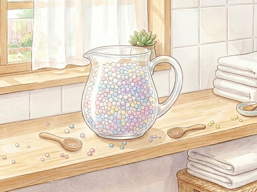 特大サイズの洗濯ビーズをたっぷり収納した100均の冷水筒