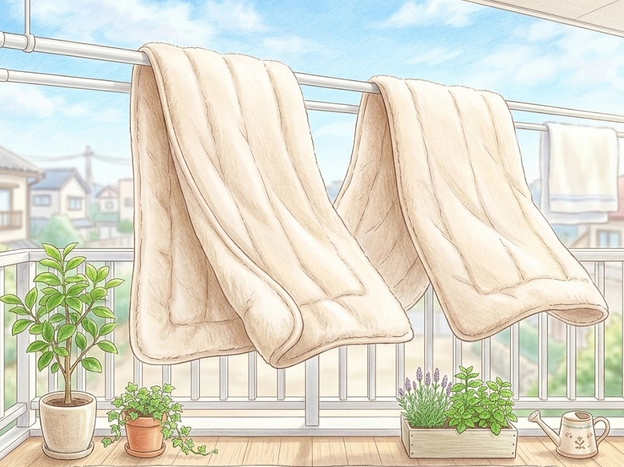 Nウォーム敷きパッドを物干し竿2本でM字干しにしている様子のイラスト