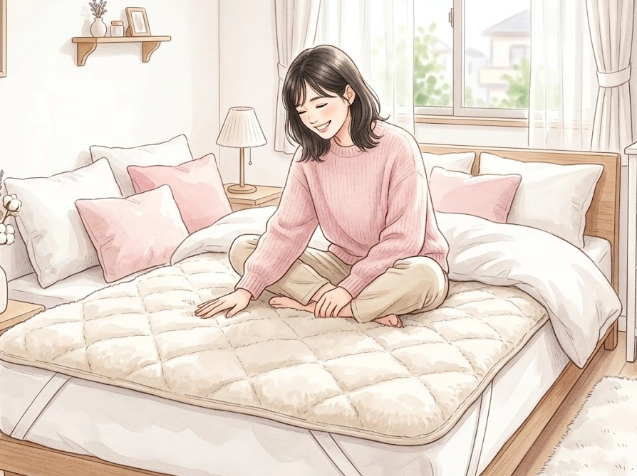 ふわふわに仕上がったNウォーム敷きパッドの肌触りを楽しむ女性のイラスト