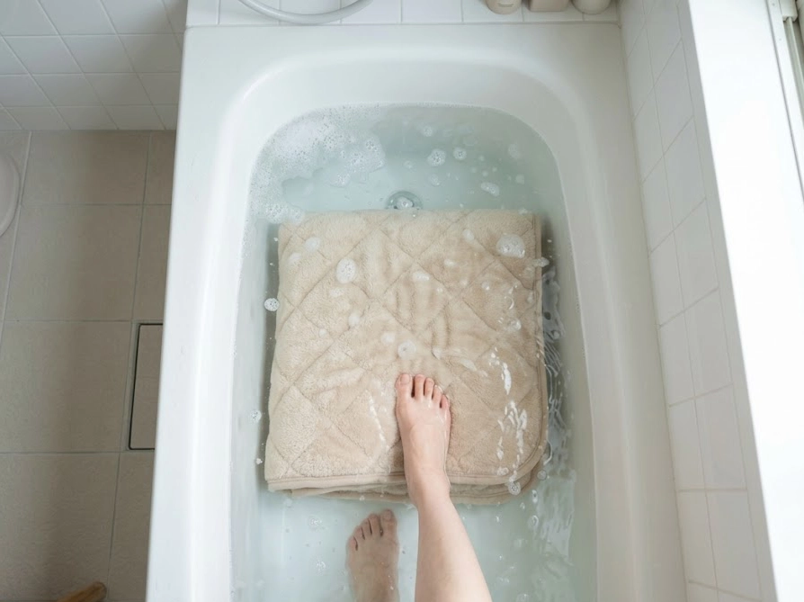 浴槽でNウォーム敷きパッドを足踏み洗いしている様子