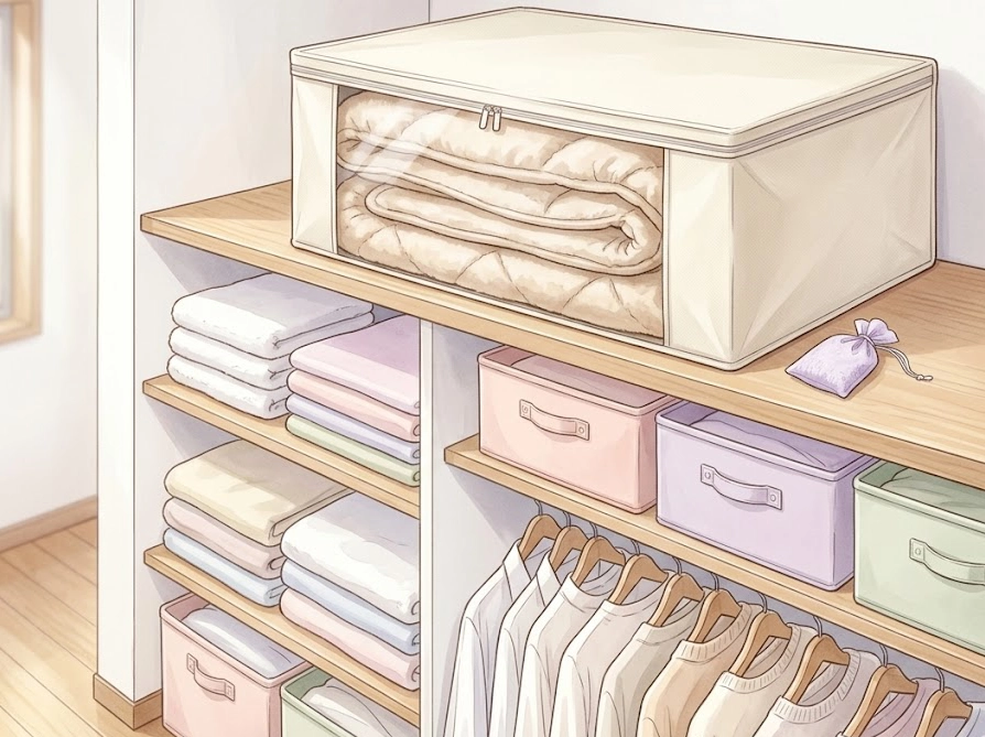 Nウォーム敷きパッドを不織布ケースで通気性よく収納するイラスト