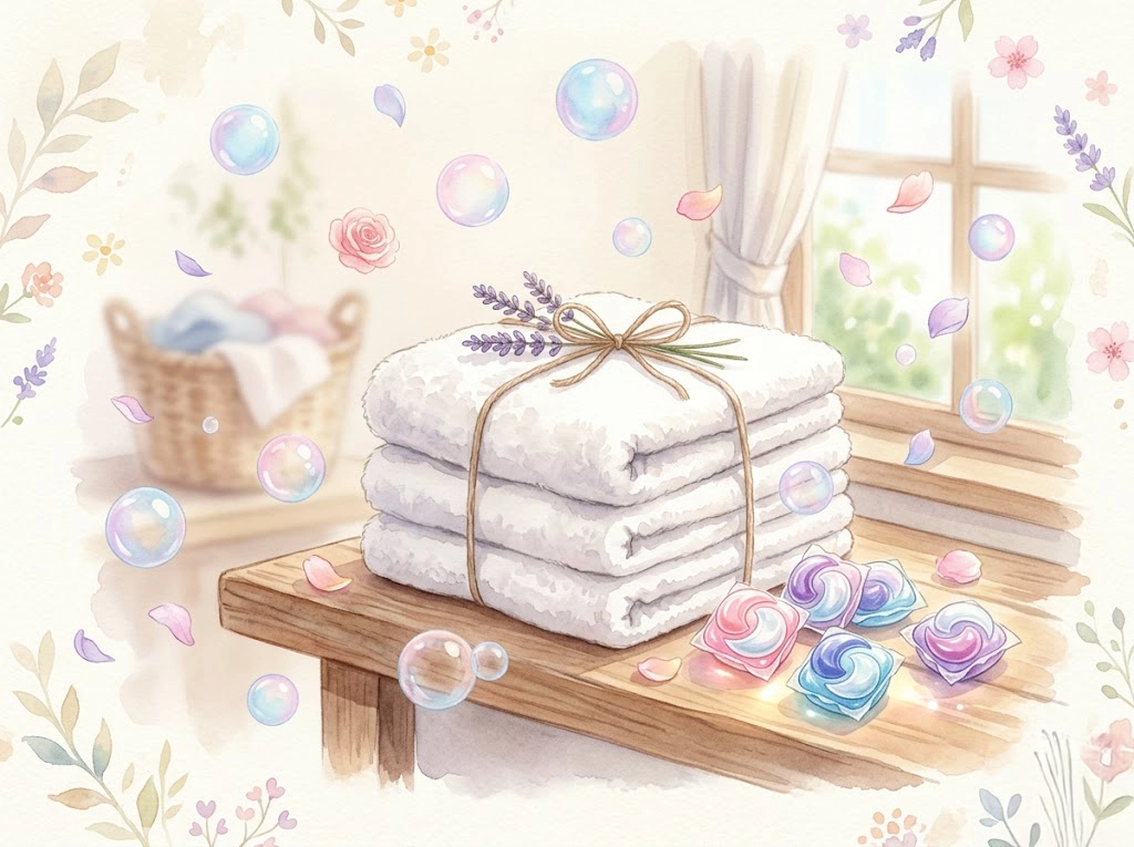 アフュームのジェルボール洗剤と洗いたてのタオルが花びらに囲まれた水彩風イラスト