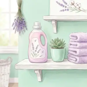 アタックの洗剤ボトルと明るいランドリースペースの水彩イラスト