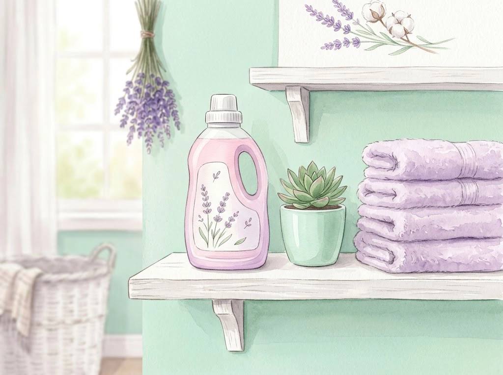 アタックの洗剤ボトルと明るいランドリースペースの水彩イラスト