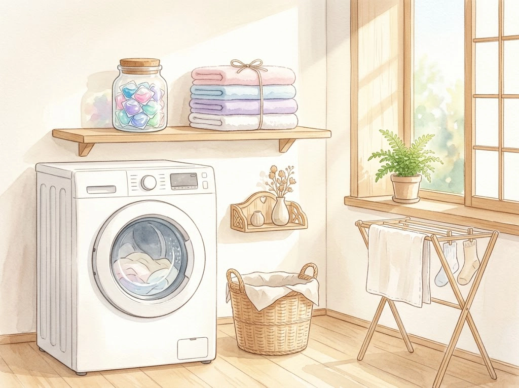 ボールドのジェルボールと清潔感のある明るい洗面所のイラスト