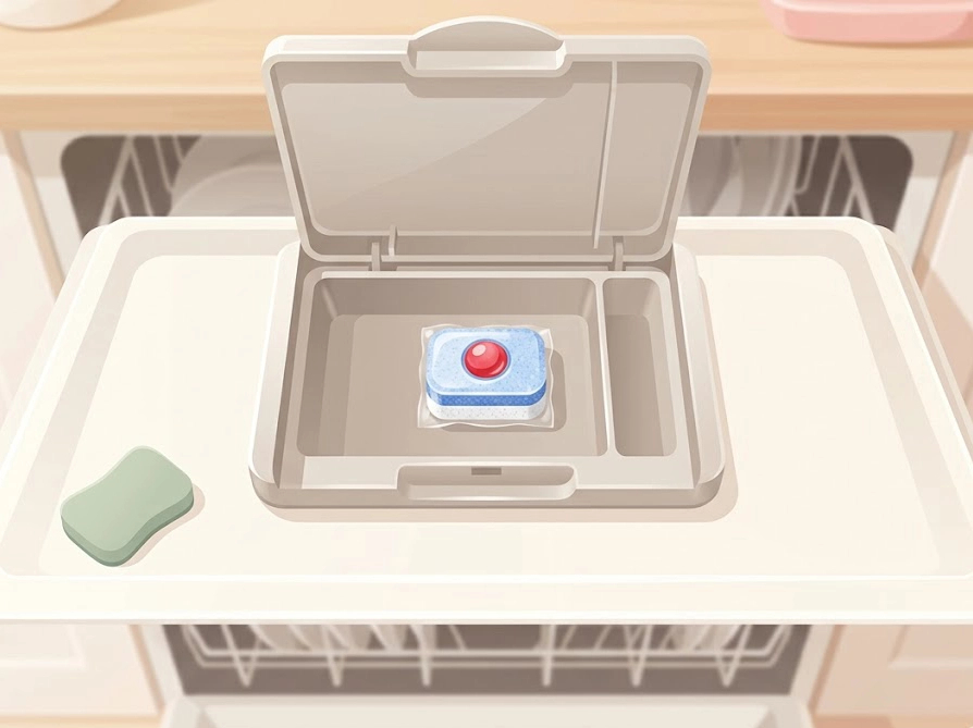 食洗機の洗剤ディスペンサーに正しくセットされたタブレット洗剤