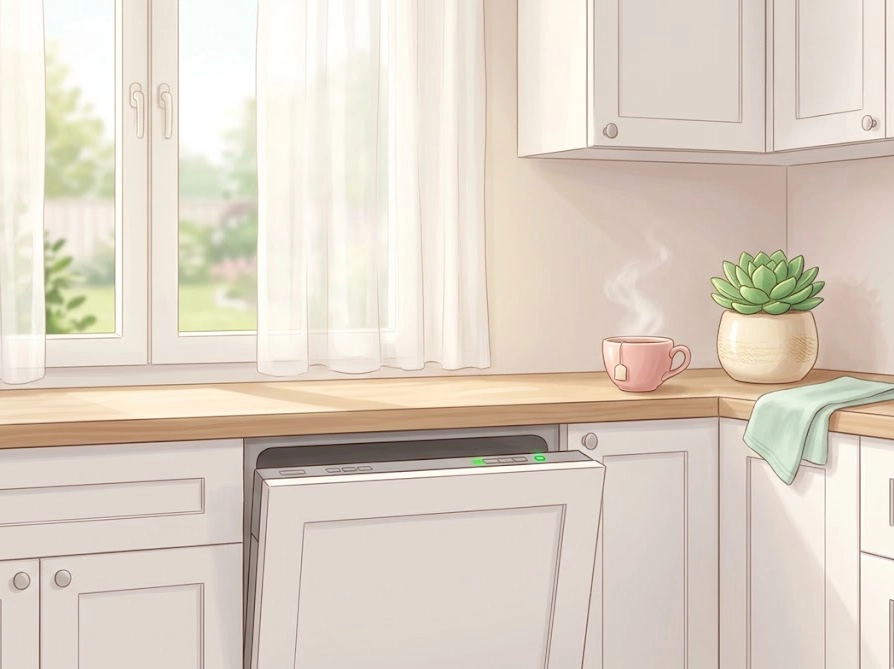明るいキッチンで稼働中のボッシュ食洗機がある穏やかな日常風景