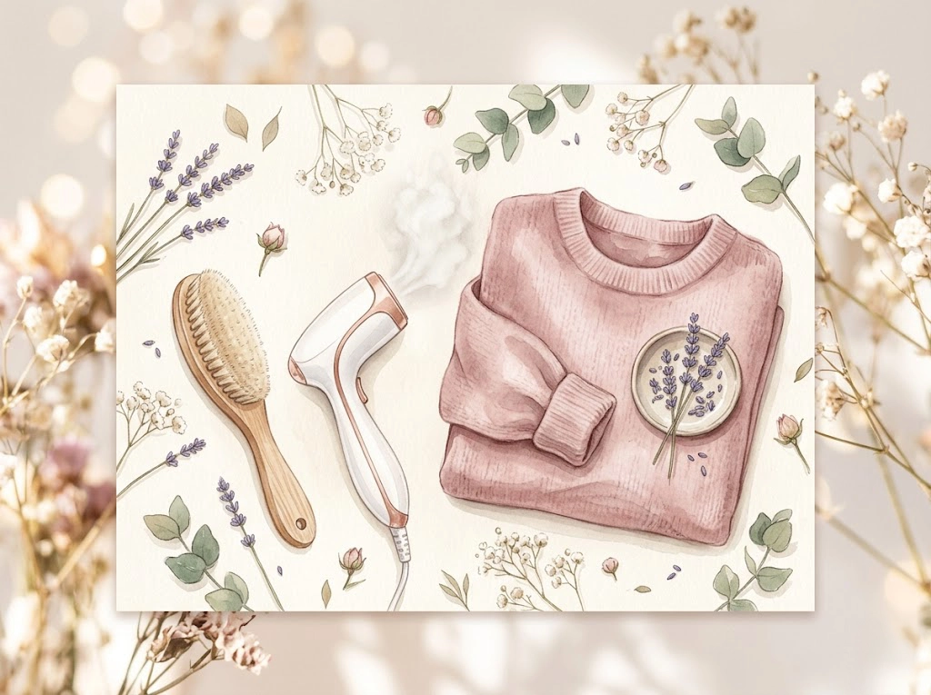 洗濯できない服のお手入れアイテムを描いた水彩風イラスト