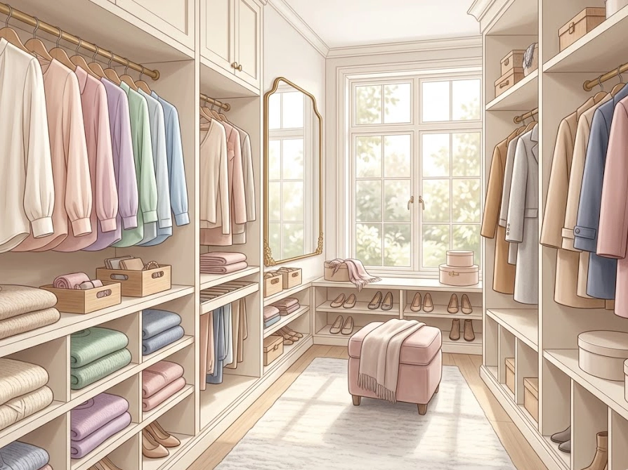 整理されたクローゼットに並ぶデリケート素材の衣類