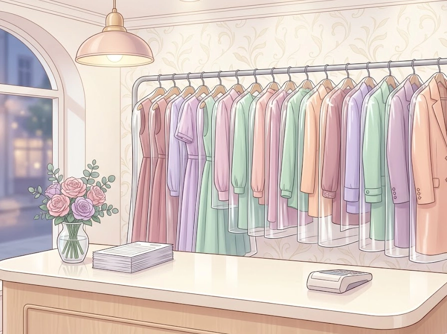 クリーニング店に並ぶ仕上がった衣類のイラスト