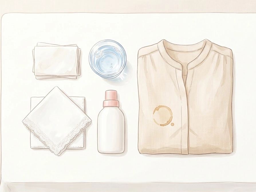 シミの応急処置に使うアイテムを俯瞰で並べたイラスト